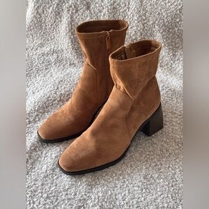 Anne Klein Suede Ankle Boots Square Toe Block Heel Brown | Women’s 10
